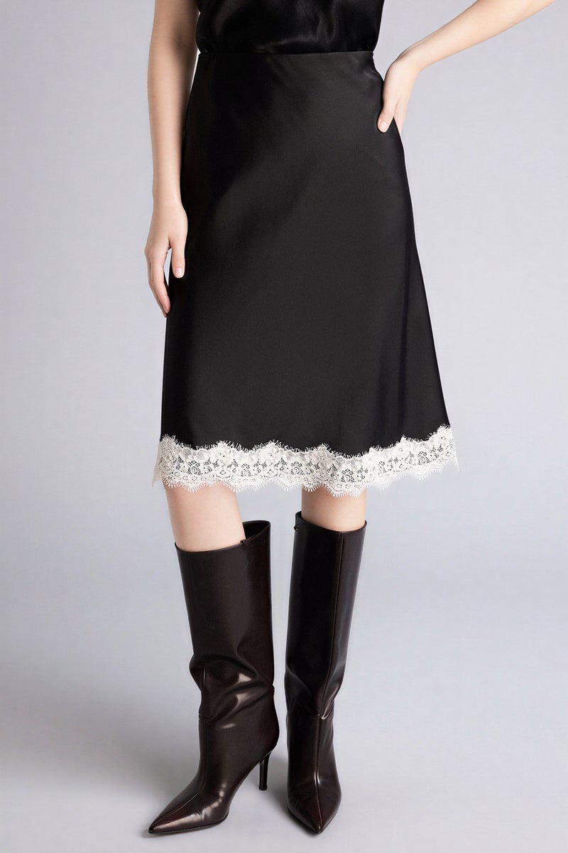 DeFacto Black Woman Regular Waist Lace Satin Midi Skirt Casual - Image 5